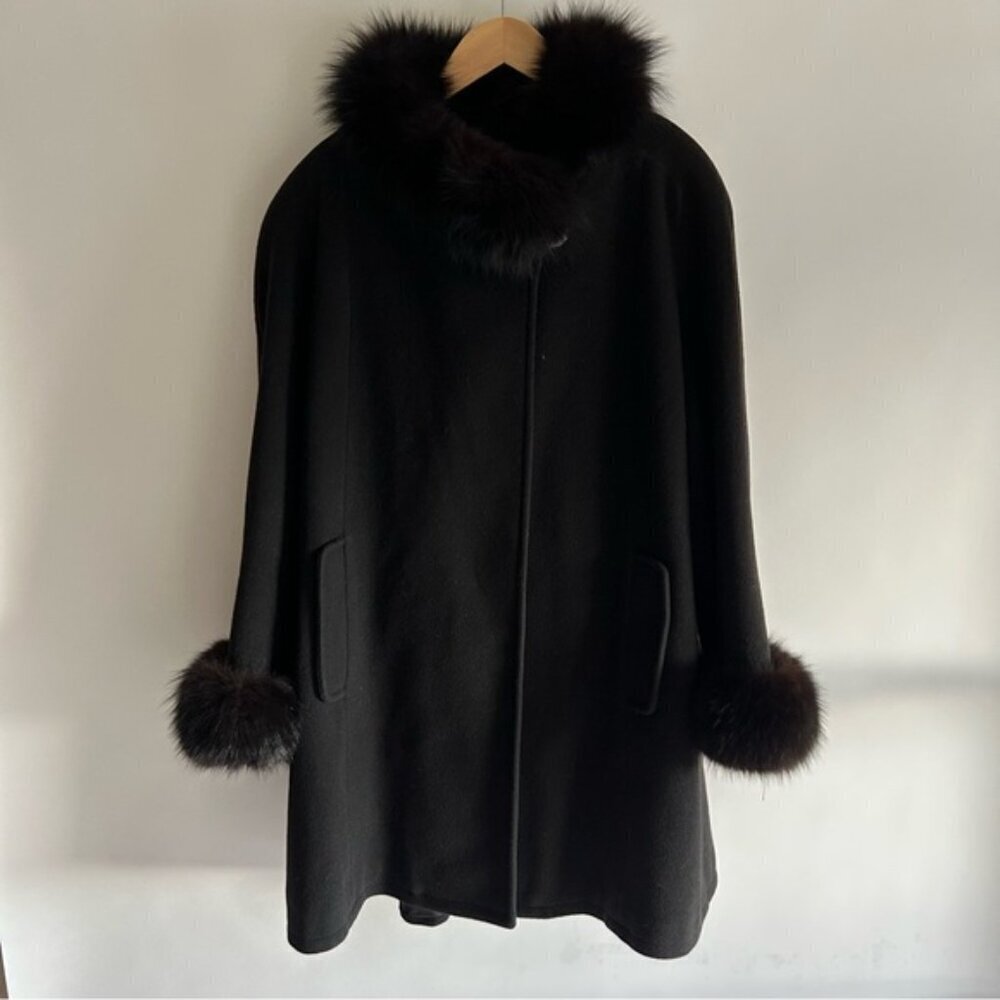 Nina Ricci vintage 1970s Wool Cashmere Fur Black Coat Size L